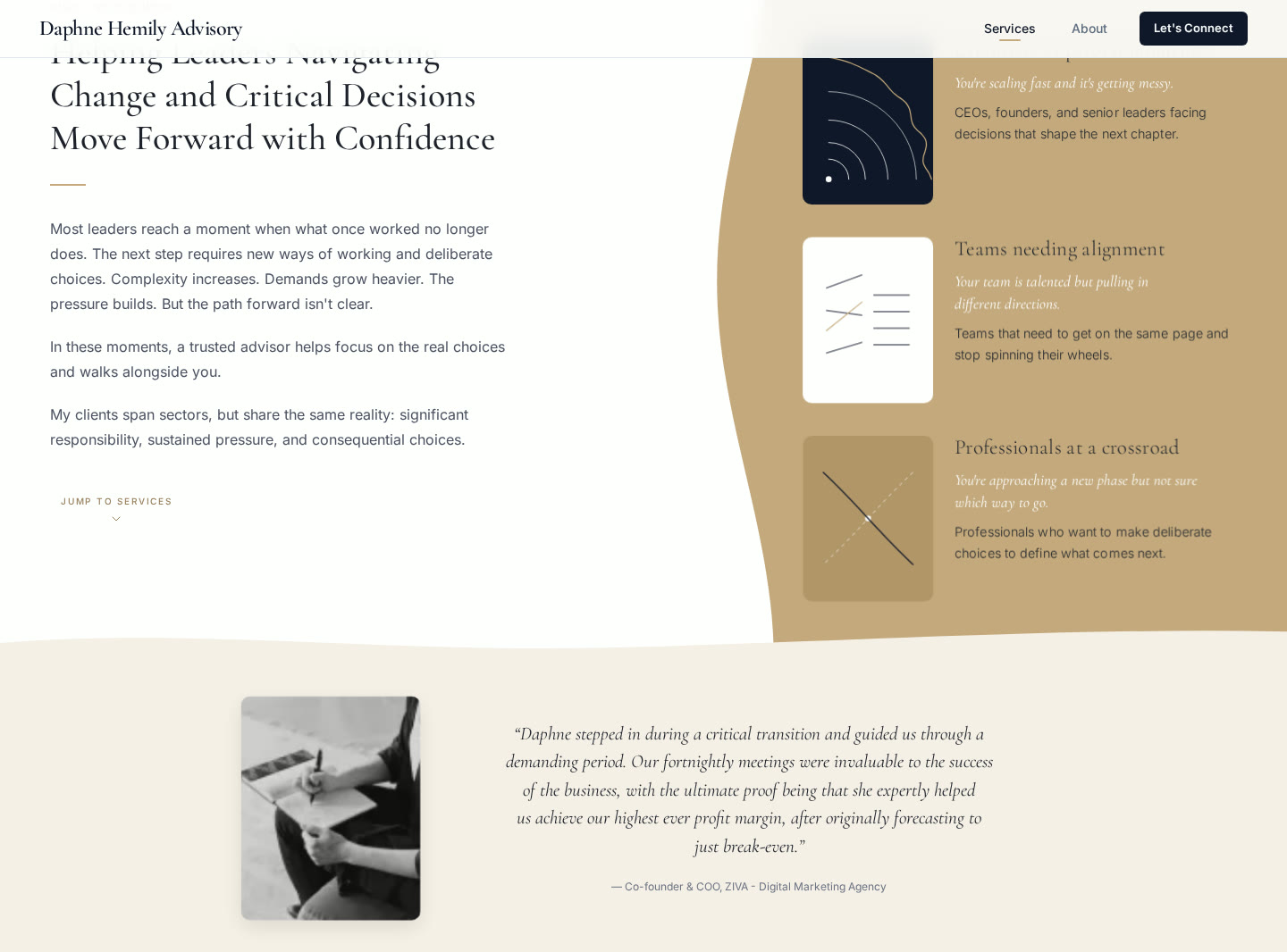 Who I work with section describing leaders navigating change and critical decisions