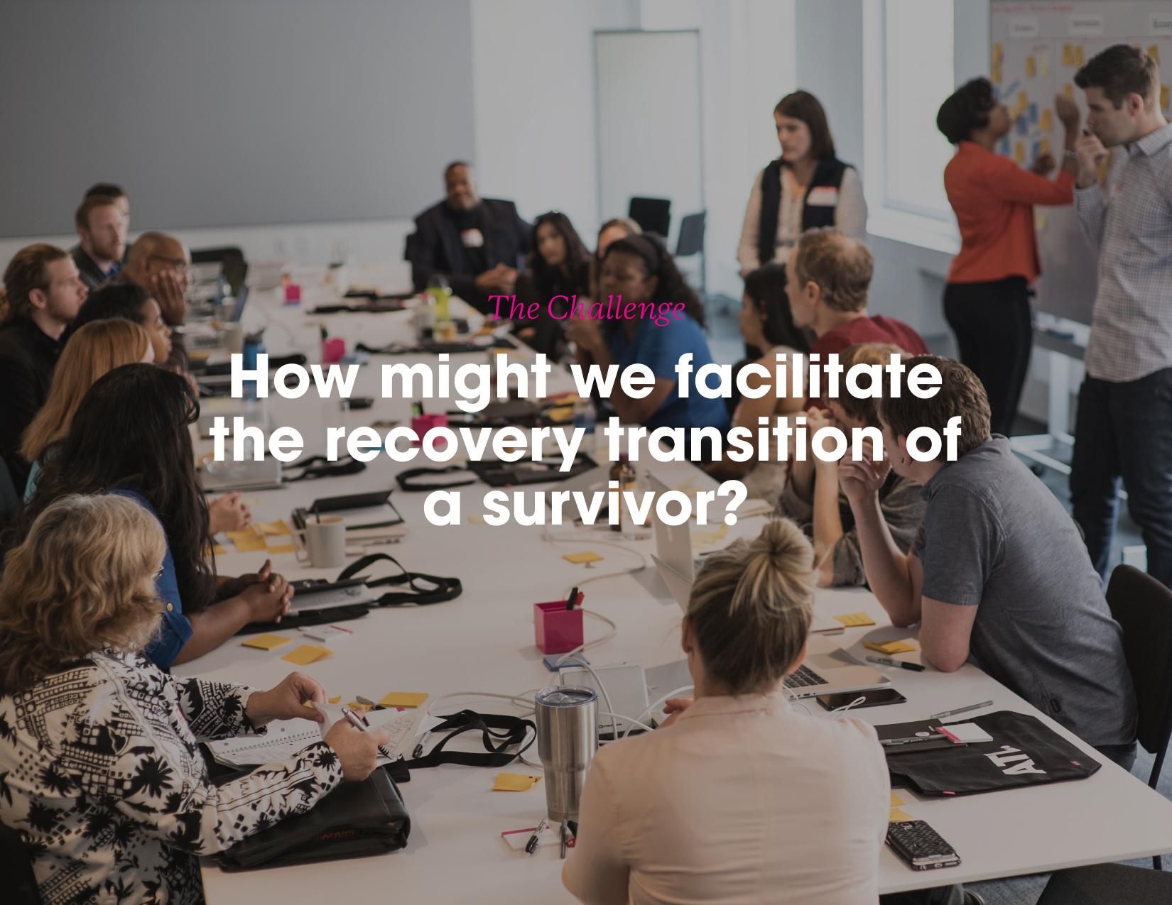 Huge IMPACT workshop room: a long table of designers, researchers, advocates, and a survivor leader collaborating on sticky-note walls, with the framing question 'How might we facilitate the recovery transition of a survivor?' overlaid.