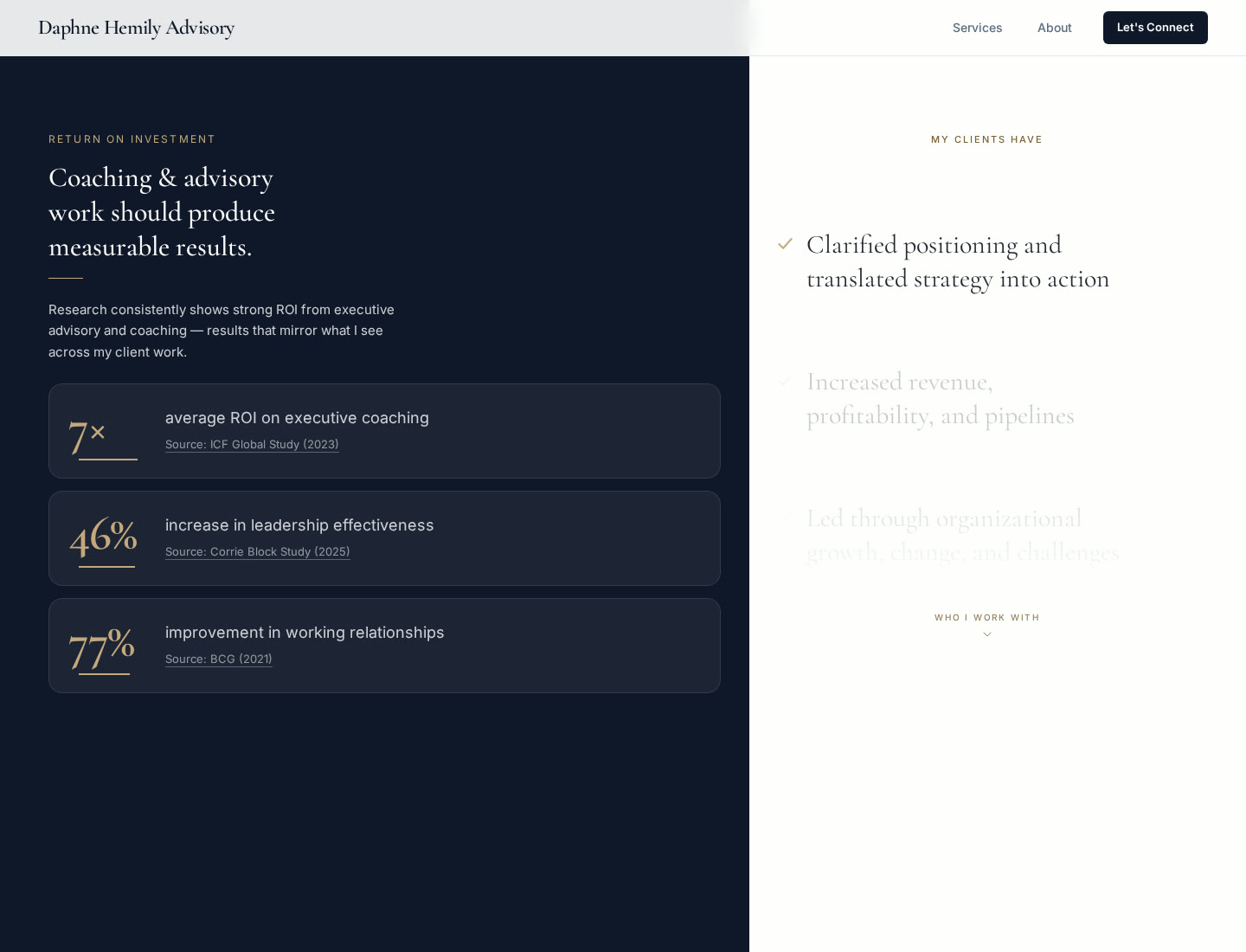 Return on investment section with cited coaching statistics and client outcomes