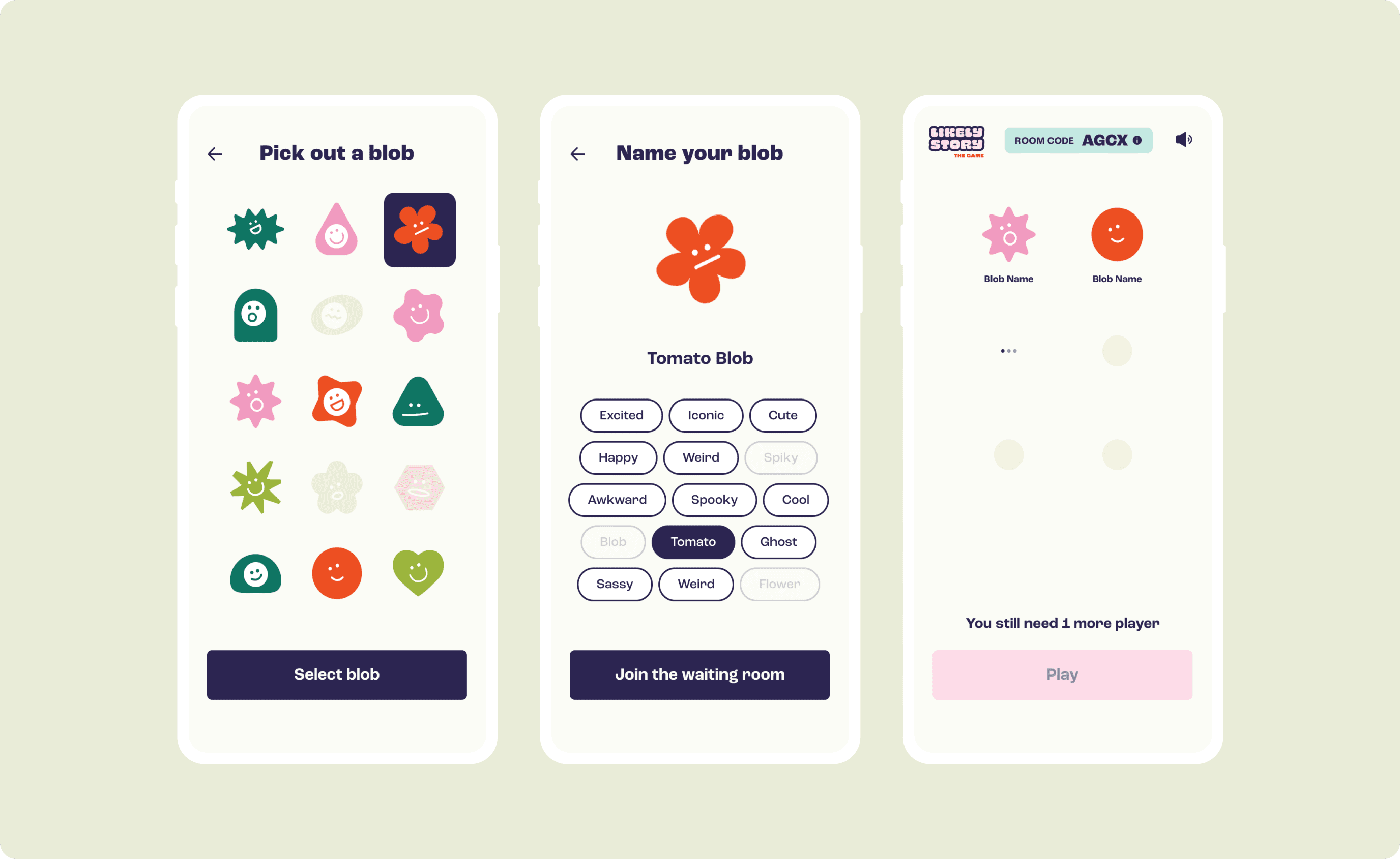 Three mobile screens: pick a blob avatar, name your blob (Tomato Blob), and a waiting-room screen with two blob avatars and a room code.