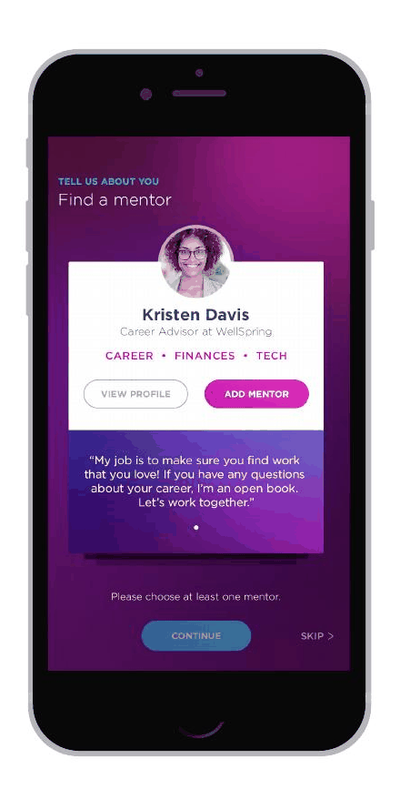 Beam app prototype walkthrough cycling through four screens: Find a mentor, Profile and progress, Goal tracking, and Resources.