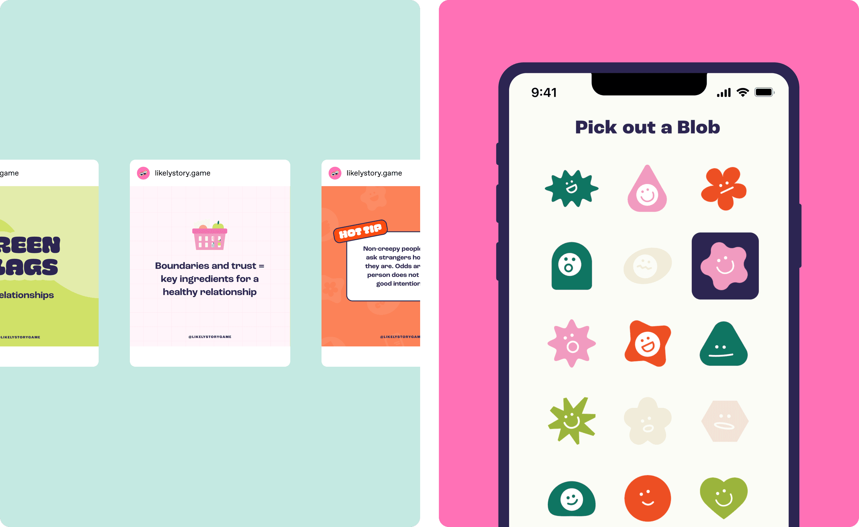 A phone showing the Pick out a Blob screen next to printed Likely Story card art with Hot Tip and Green Flags graphics.