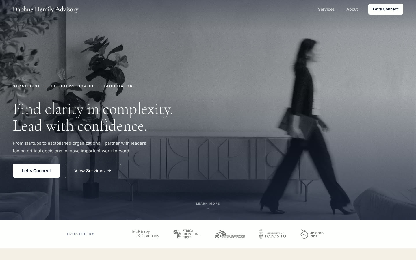 Live daphnehemily.com hero: Find clarity in complexity. Lead with confidence, with a trusted-by logo band