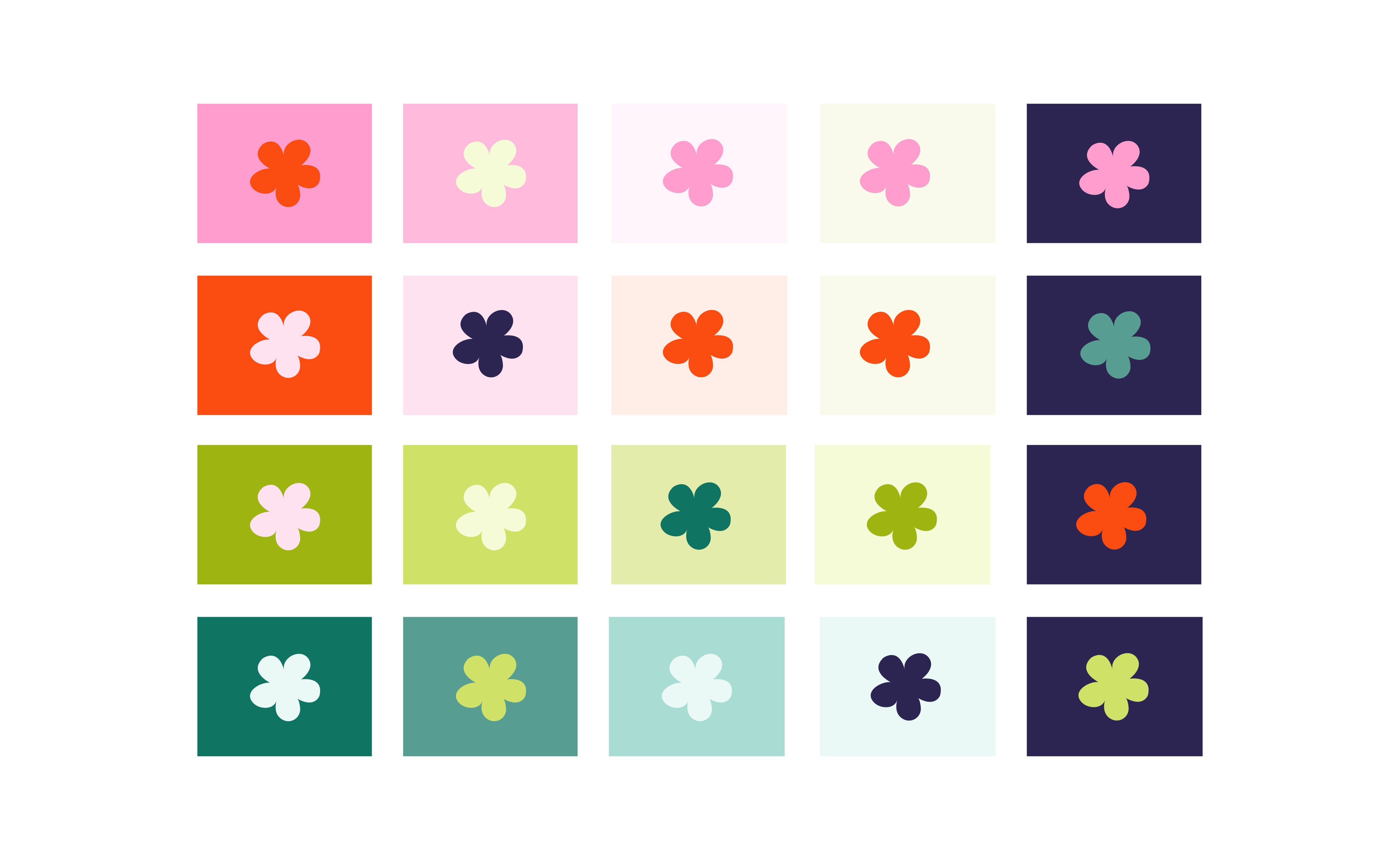 Likely Story brand palette, pinks, oranges, greens, teals, and deep indigo paired with a five-petal flower mark.